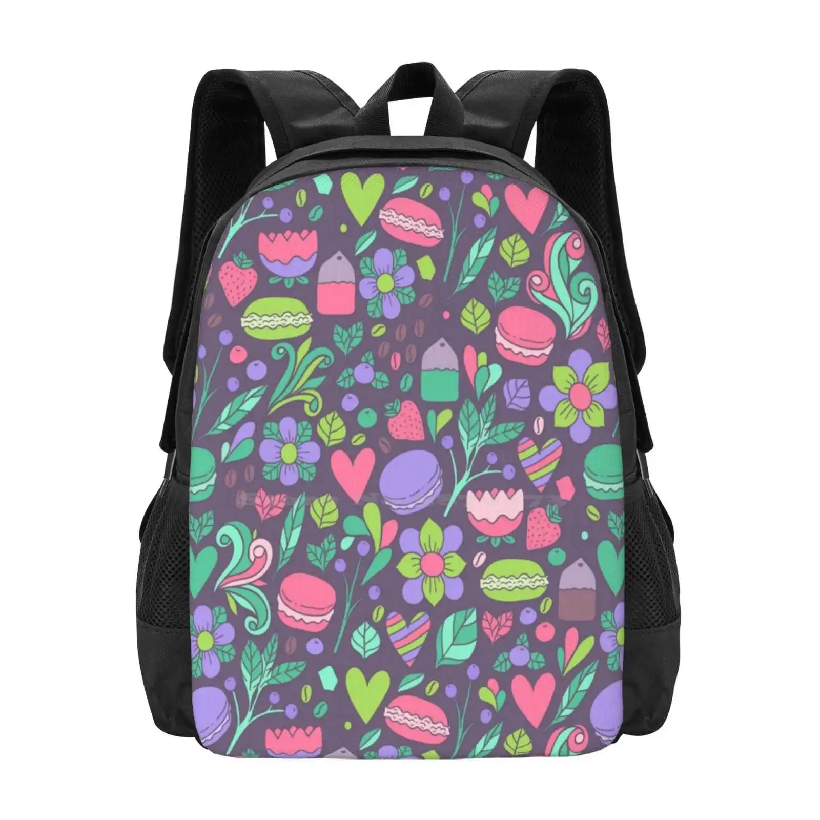 

Macarons And Flowers Hot Sale Schoolbag Backpack Fashion Bags Macaron Macaroon Cartoon Green Dessert Vector Orange Chocolate