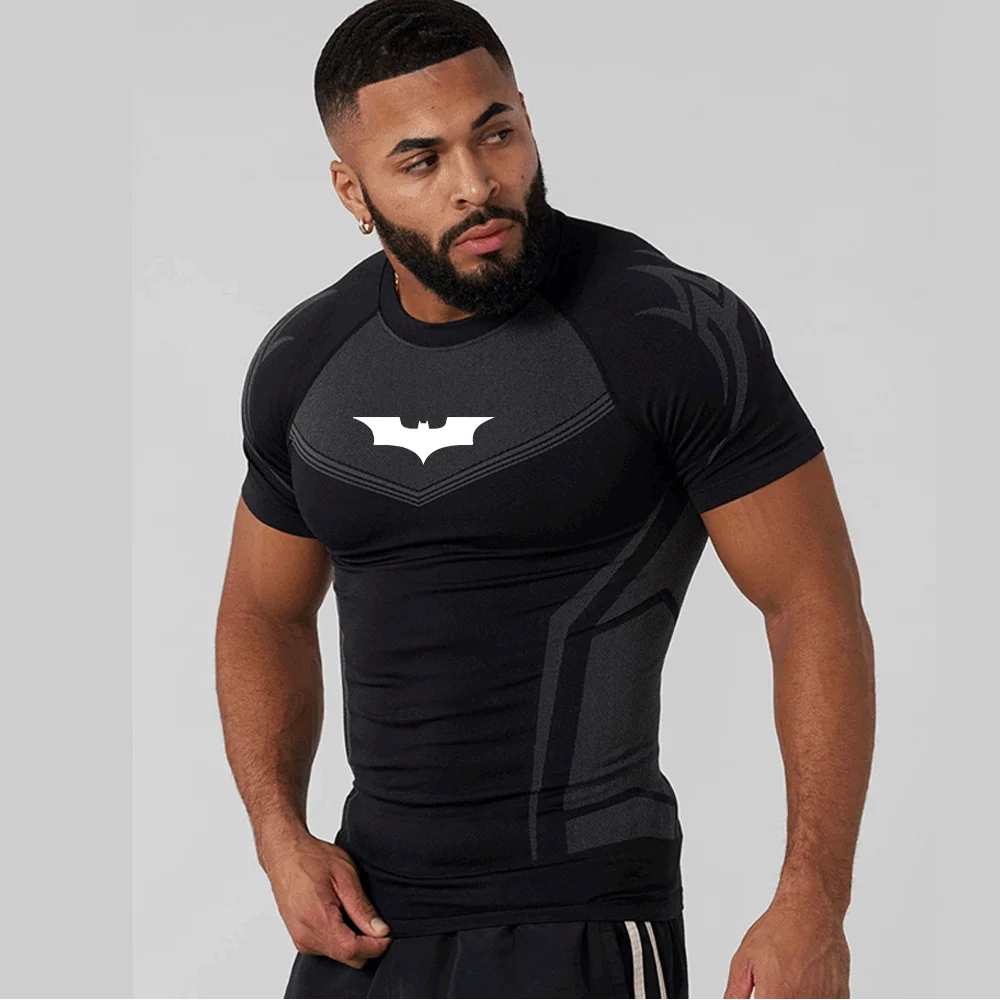 Men's Compression Long Sleeve Shirt Superhero Bat Print Workout Tops Breathable Quick Dry Athletic Base Layer for Gym Running Tr