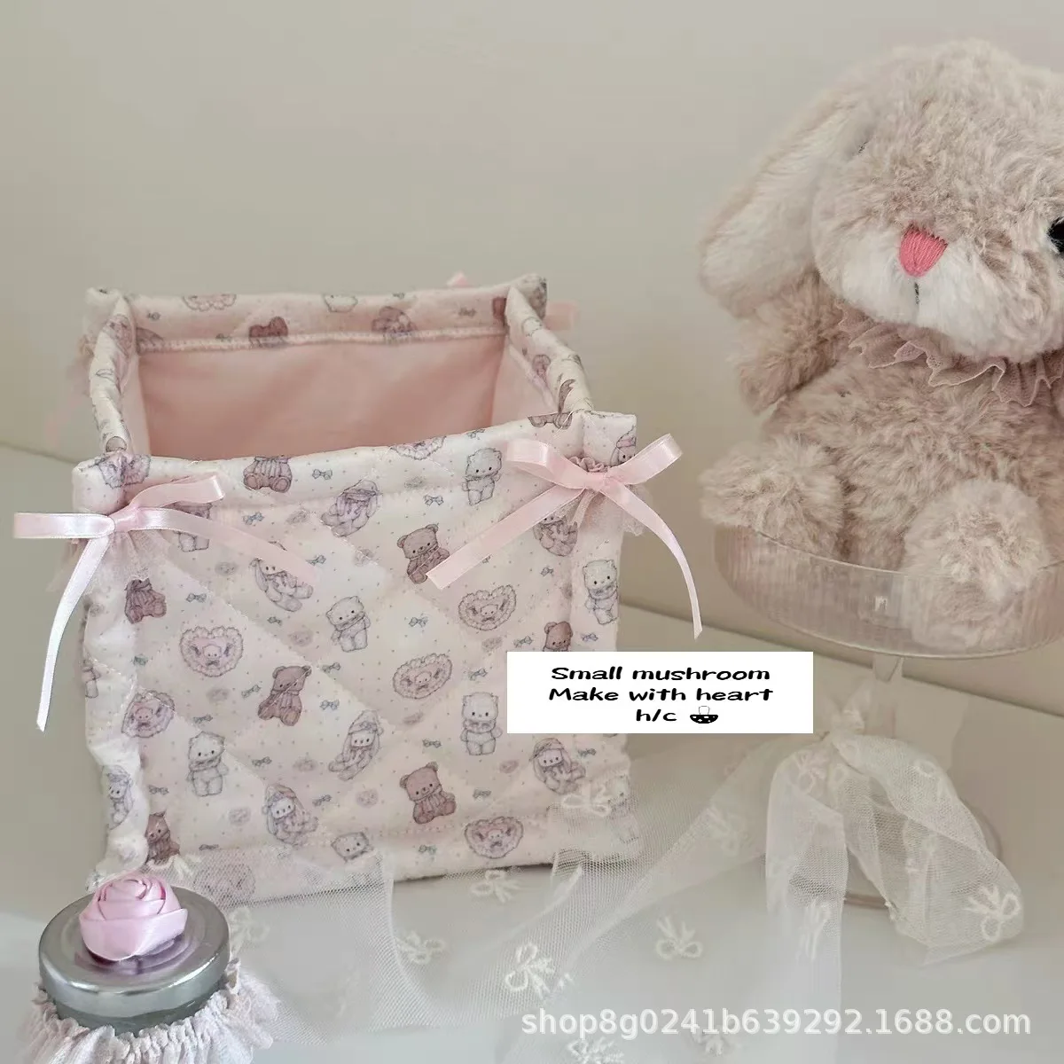 حالمة فتاة مستطيلة الساتان سلة التخزين منظم سطح المكتب سلة التخزين الدب الوردي ديكور المنزل أساسيات السفر