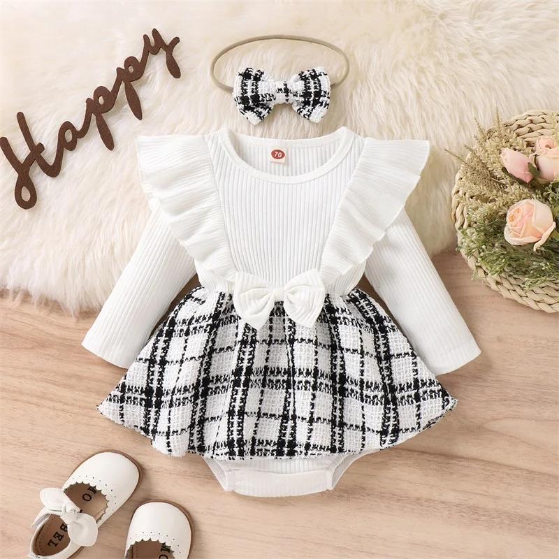 2022-10-12 Lioraitiin 0-24M Infant Baby Girls Bodysuit Dress Set Ruffle Long Sleeve Plaid Jumpsuits and Headband Newborn