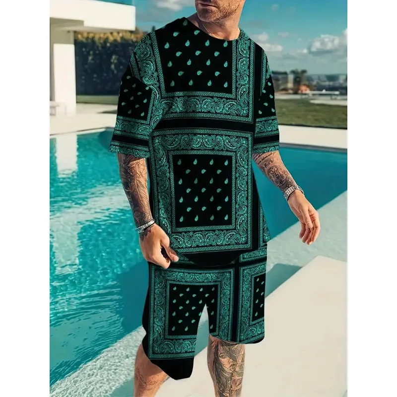 2025 Summer Street Men's Casual Sports Set Fashion Super Large 3D Printed T-shirt Shorts 2-piece Se