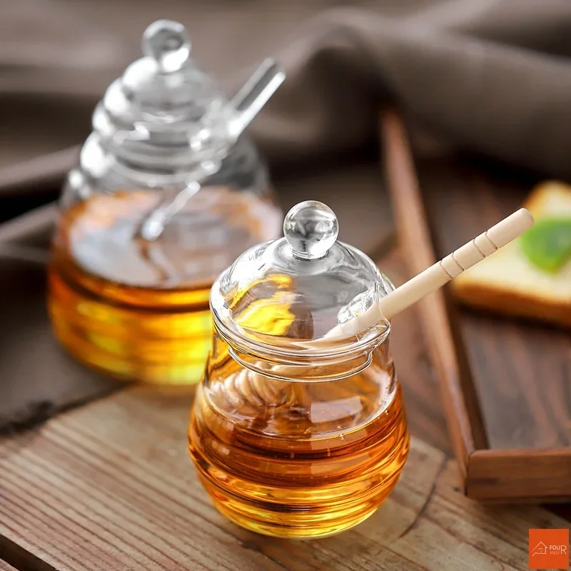 Glass Honey Jar Glass Honeycomb Tank Kitchen Tools Honey Storage Container with Dipper and Lid Honey Bottle for Party Kitchen