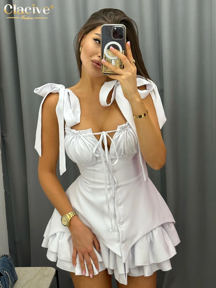 Clacive Summer Slim White Women\'s Dress 2024 Fashion Strap Sleeveless Mini Dresses Elegant Classic Lace-Up Pleated Female Dress