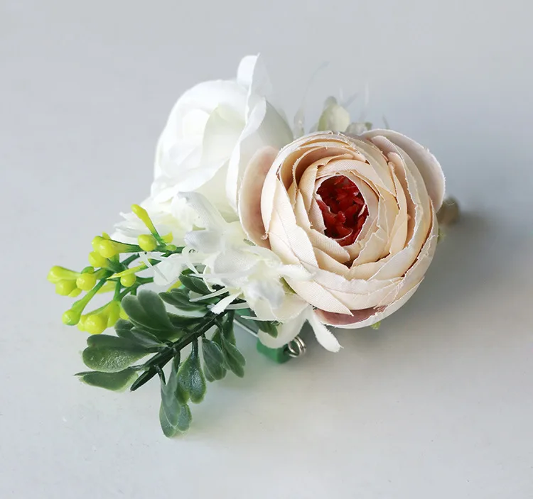 Corintersection de poignet de mariage d'église européenne, blanc et champagne, fleur de revers de mariée, petite amie, sœurs, fleur de mariage