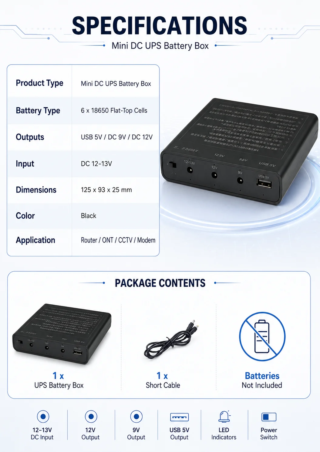 DIY 6x18650 Mini UPS Battery Box 5V 9V 12V Output No Soldering Backup Power for Router Modem CCTV