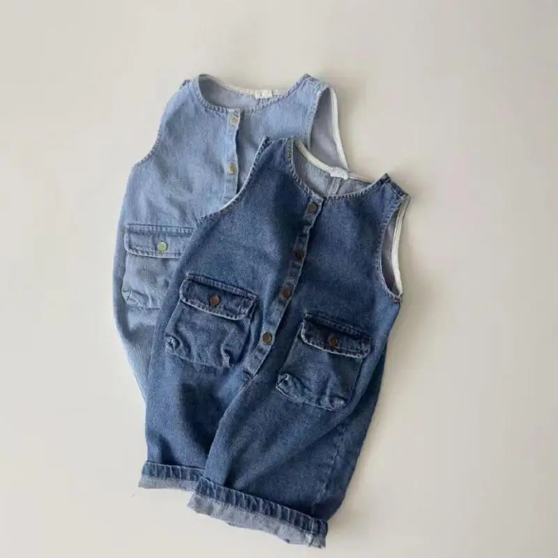 

2025 Autumn New Baby Sleeveless Denim Romper Infant Girl Vintage Pocket Jumpsuit Fashion Toddler Overalls Newborn Clothes 0-24M