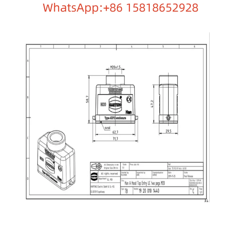 1 piece 19200101440 German HARTING connector, Han 10A-GG-M20 from HAN Company