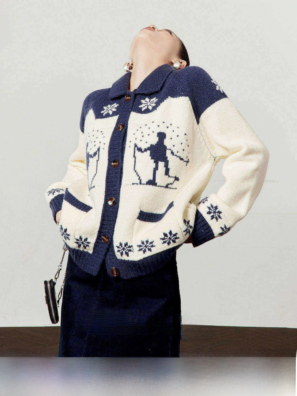 

Blue And White Knitted Loose Sweater for Women Retro Pattern Versatile Commute Sle Long Sve Autumn Warmth Single Button