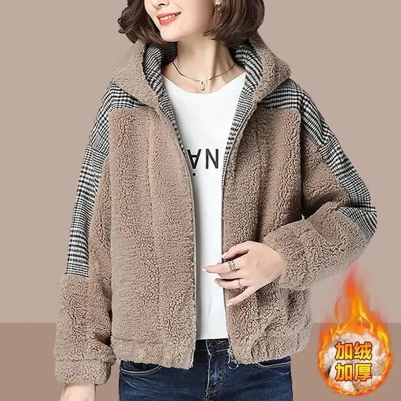 

Autumn Winter New Coat Women Add Velvet Padded Large Size Jacket Female Imitation Lamb Overwear Loose Fat MM Hooded Cardigan Top