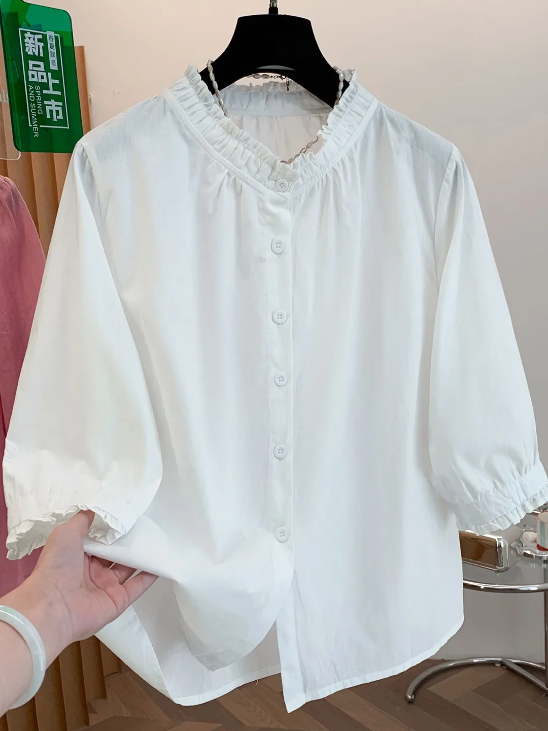

Chic Summer Design White Short Sleeve Shirt Women's Flounce Collar Black Mushroom Female Style Flower Short Length Five-...