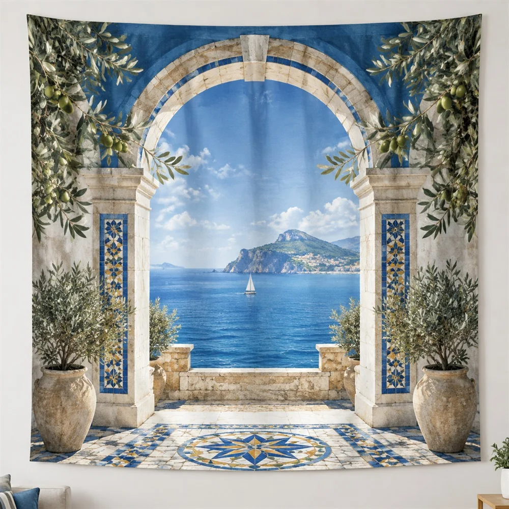 VIKAMA Arch Sea View Mirror Symmetric Tapestry Wall Hanging, Mediterranean Wall Art Tapestries for Living Room Bedroom Entryway