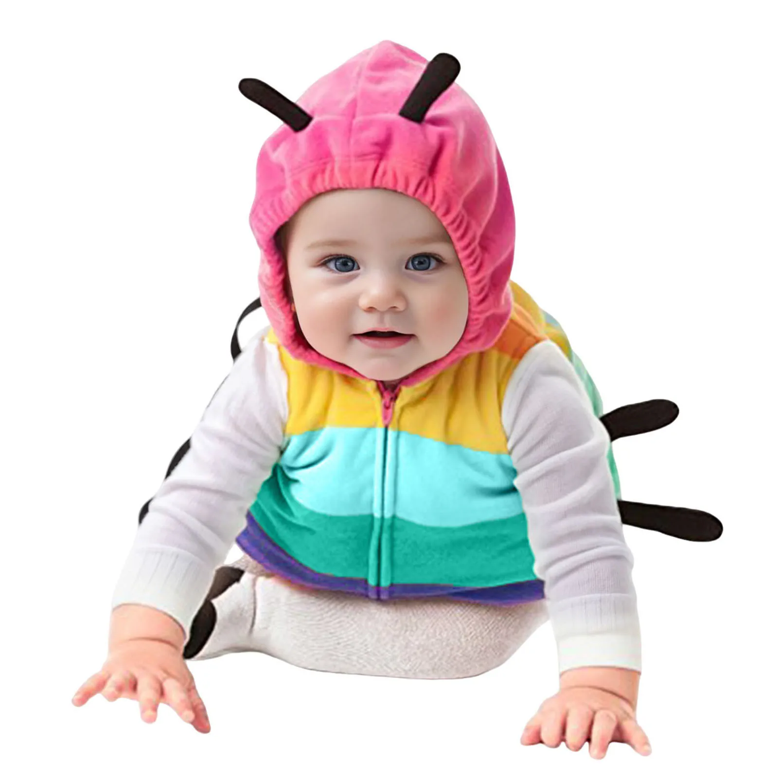 0-24M Newborn Baby Boy Girl Ladybug Costume Rainbow Color Bodysuit Sleeveless Hooded Zipper Cosplay Romper Socks Legging 2Pcs