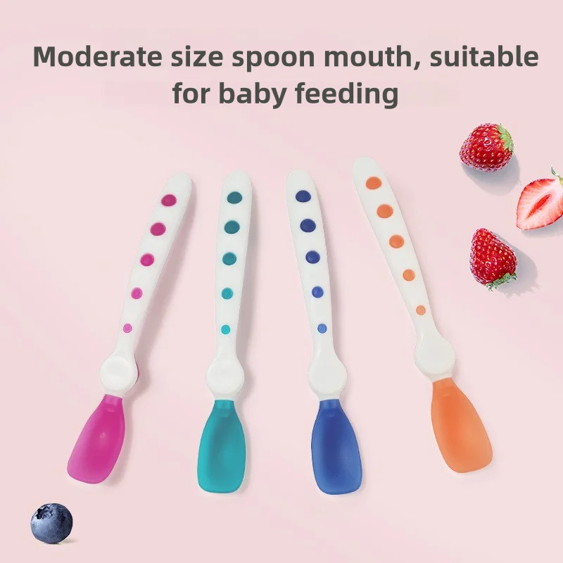 1Pc Baby Temperature-sensing Spoon With cute Wave point Soft Silicone Spoon Head Visible anti-scald design Supporting bracket