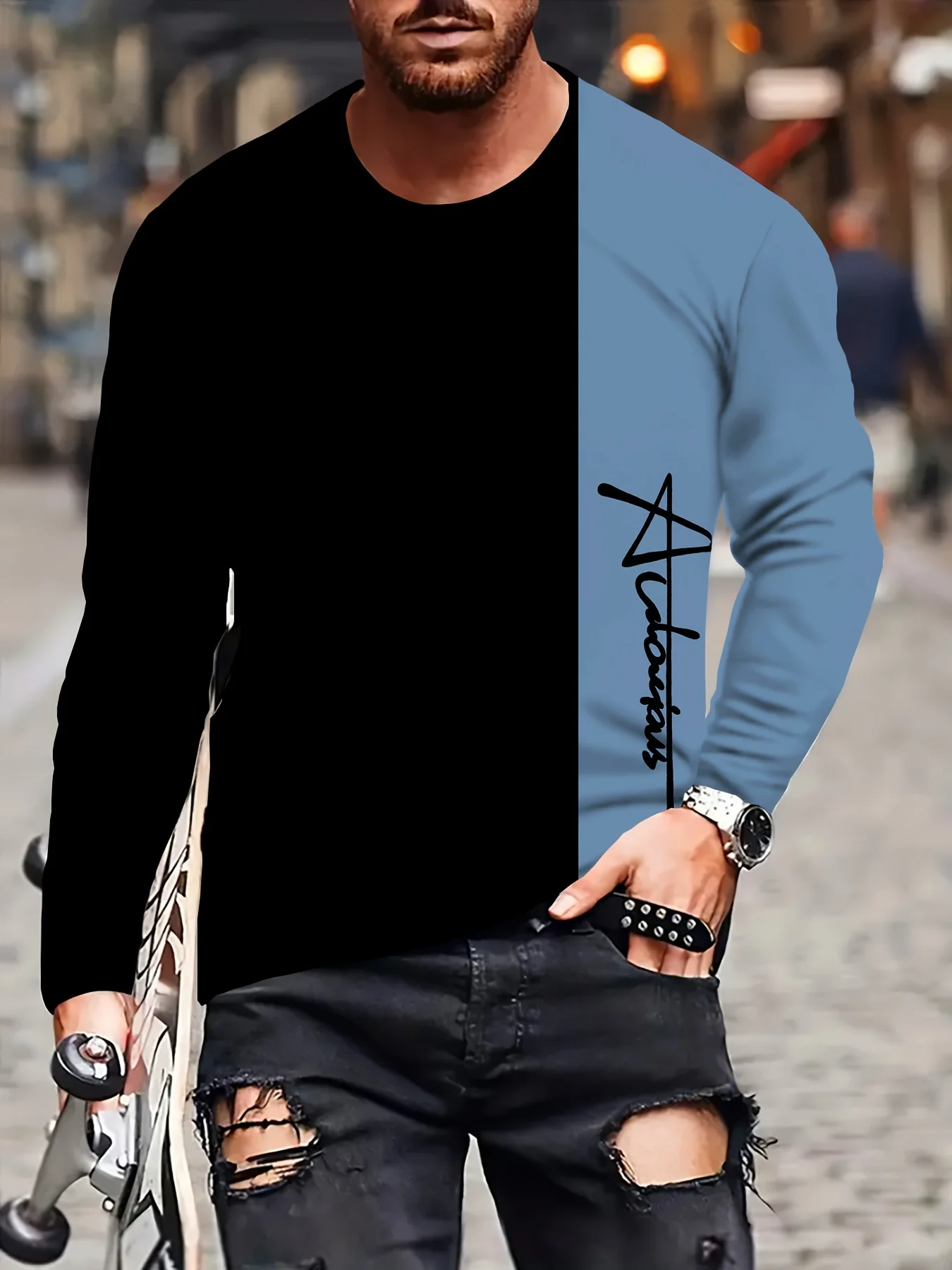 Sports Men's Long Sleeve T-Shirt Men's Casual Lightweight T-Shirt 3D Two-color Splicing Printing Casual Streetwear