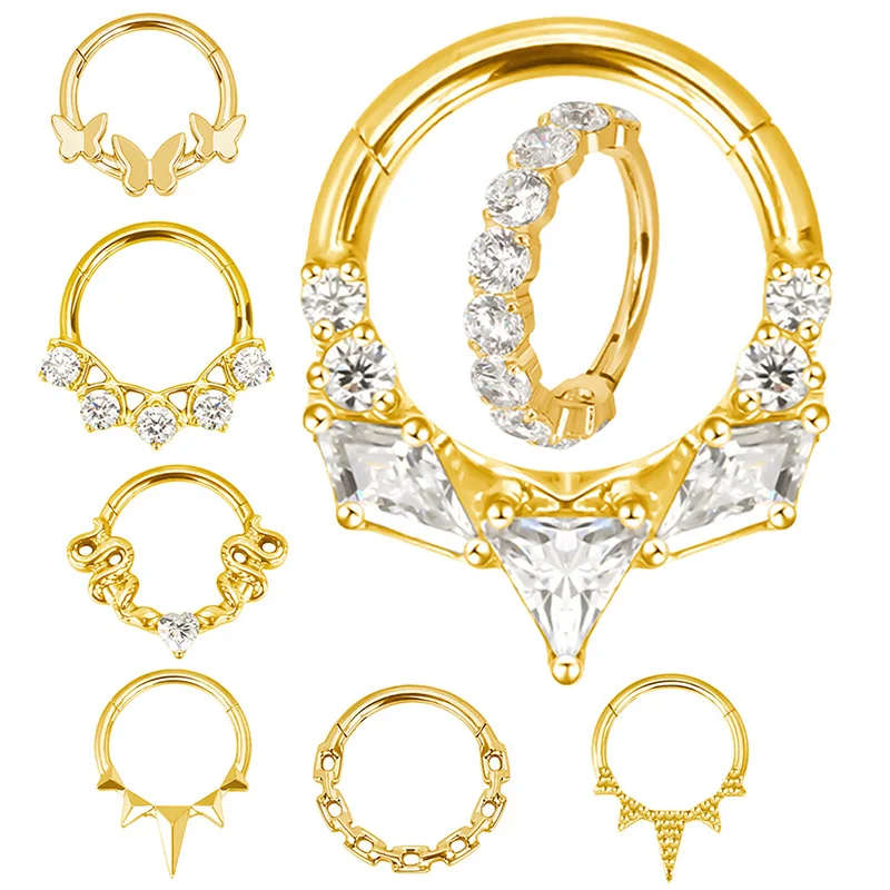 ASTM F136 Titanium Piercing Nose Rings Heart Sharp Cone CZ Inlaid Top Hoop EAR Hinged Clicker Earring Tragus Body PIERC Jewelry