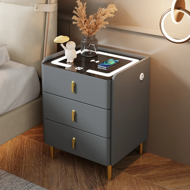 طاولة بجانب السرير بتصميم حافة مائلة حديثة وذكية لغرفة النوم مع ثلاثة أدراج شحن لاسلكي وثلاثة ألوان LED #5