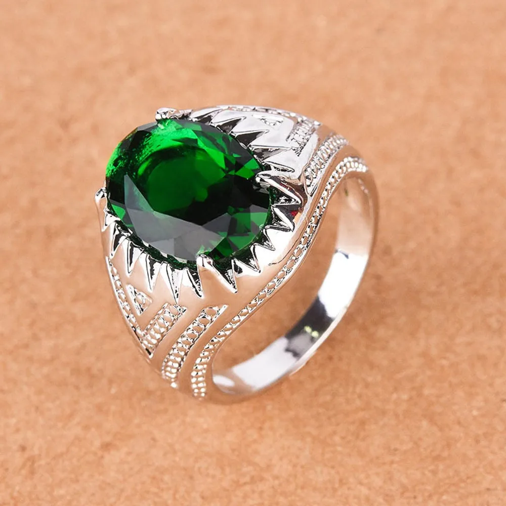 

925 Sterling Silver Zircon Ring Emerald Men's Ring Large Zircon Big Stone Ring Party Gifts Fine Jewelry for Men