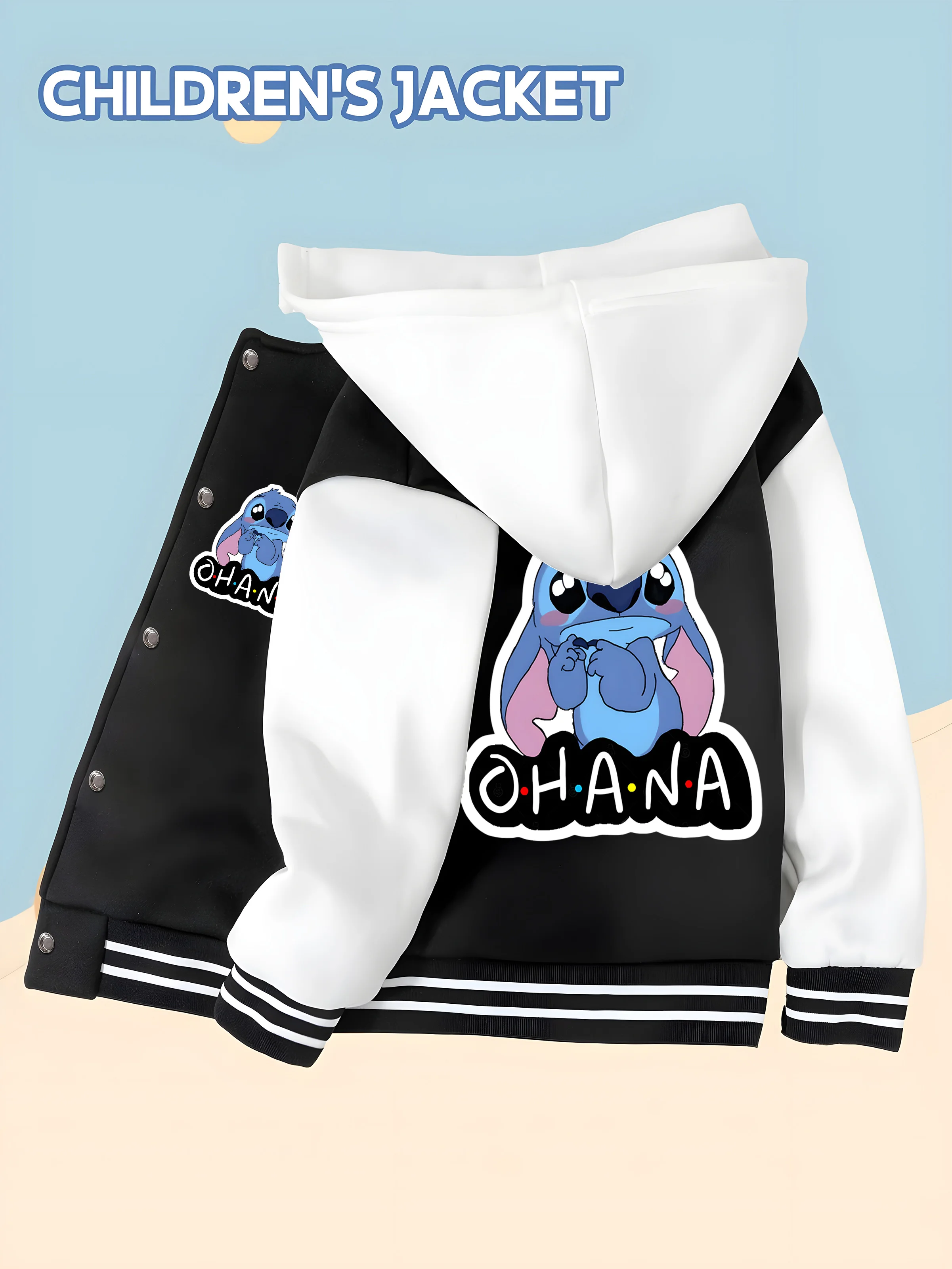 

MINISO Disney Stitch "OHANA" Kids Baseball Boys Jacket - Double-sided classic pattern, versatile and trendy, soft fabric