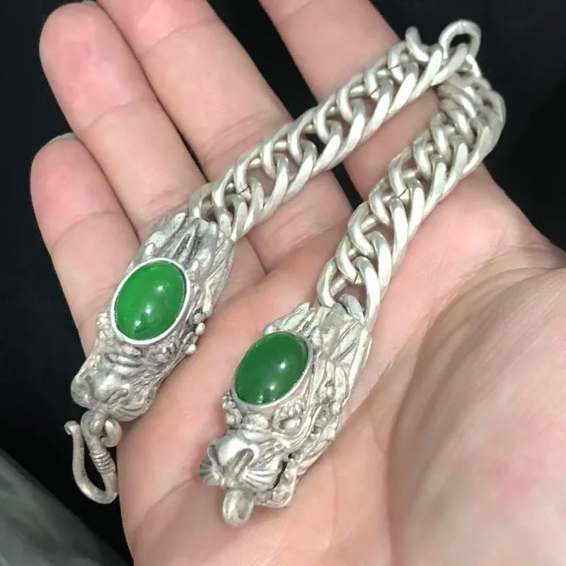 

Men's Dragon Head Bracelet, Retro Bold Couple Style, White Copper Inlaid Green Jade Wristband, Fashion Jewelry Gift