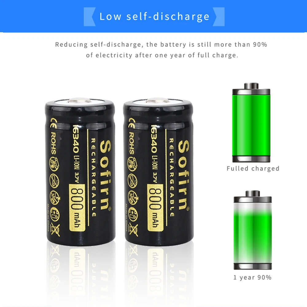 Sofirn 800MAh 16340 Rechargeable Battery High Power Discharge 3.7V Li-ion 16340 Cell Rechargeable batteries