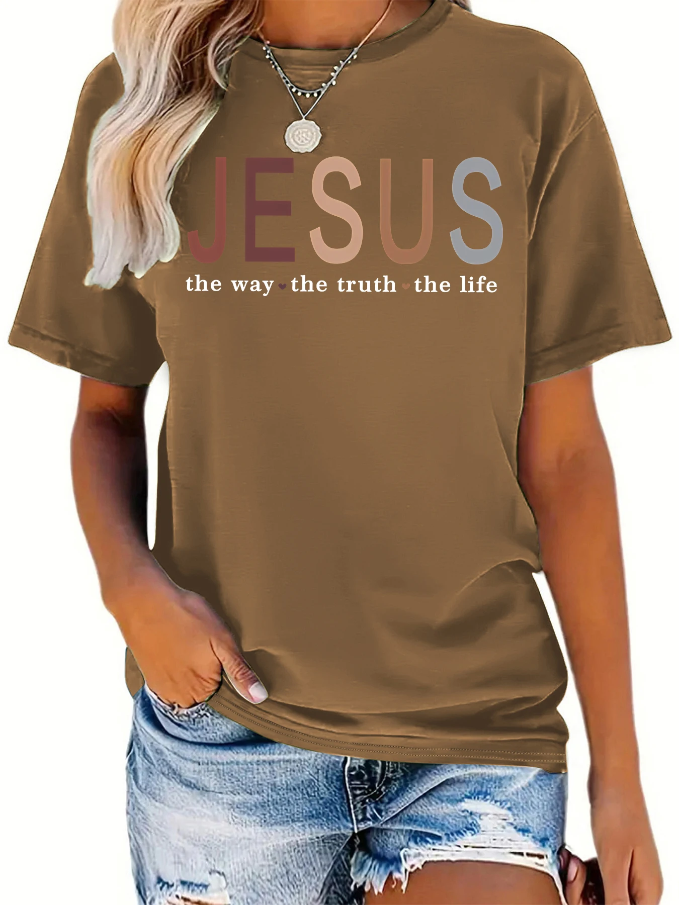 Jesus The Way The Truth The Life Print T-shirt, Casual Short Sleeve Crew Neck Fashion Summer T-Shirts Tops, Women\'s Clothing