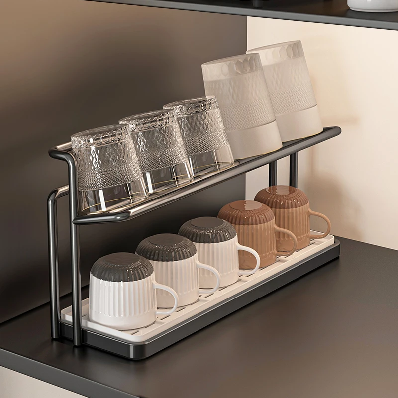Double metal cup holder with drain tray, suitable for kitchen table, tea cup, coffee cup and water cup storage rack