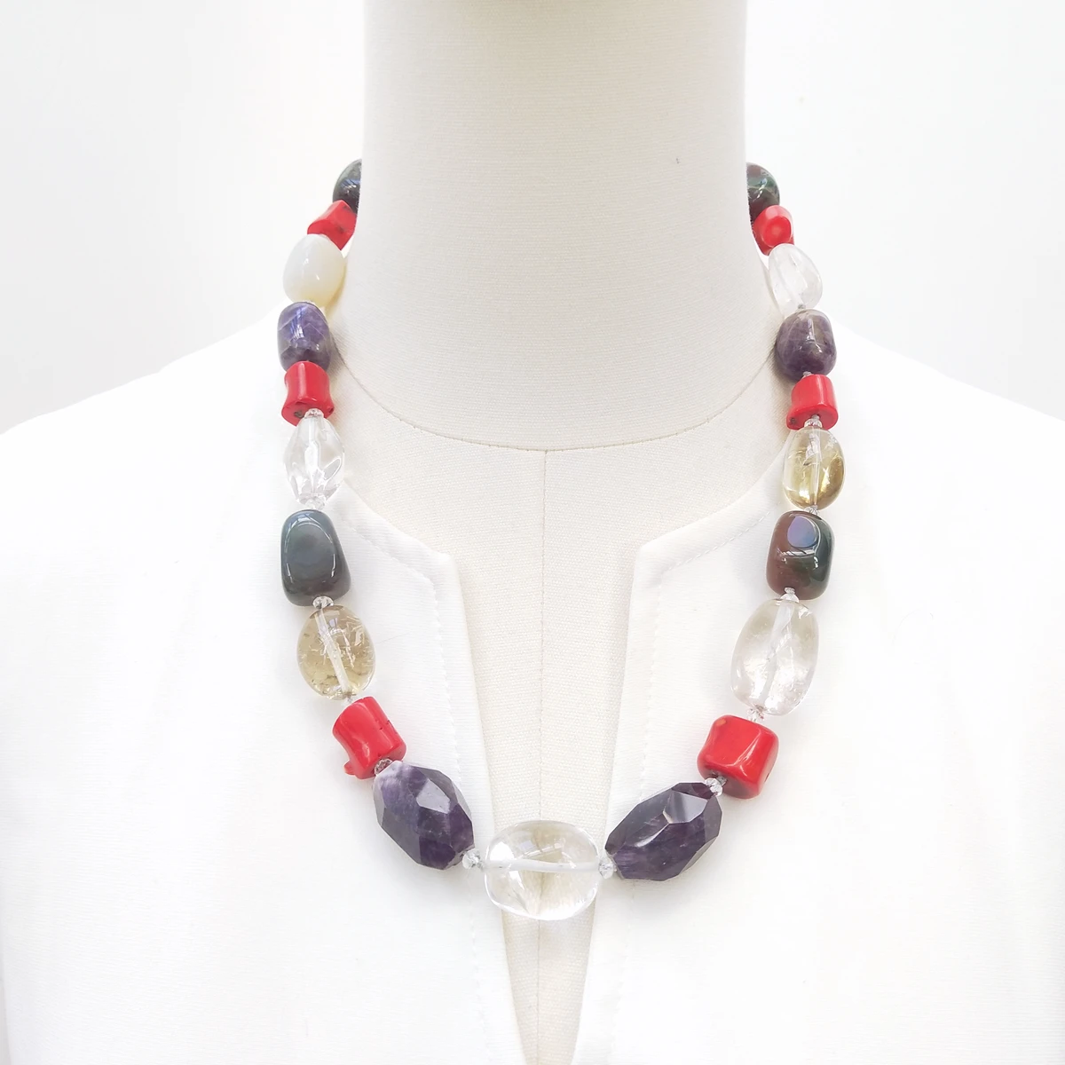 

Lii Ji Real Stone Mutil Color Agate Coral Amethyst Quartz Necklace 59cm Stock Sale Women Jewelry Gift