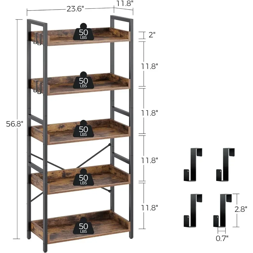 Bookshelf 5 Tier with 4 Hooks, Industrial Wood Bookcase,Vintage Storage Rack with Open Shelves,Standing Bookshelves Display Rack