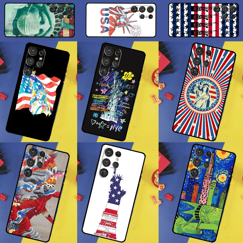 America USA Flag Statue of Liberty Case For Samsung Galaxy S23 S22 S21 Ultra S20 FE Note 10 20 Ultra S8 S9 S10 Plus Cover Coque