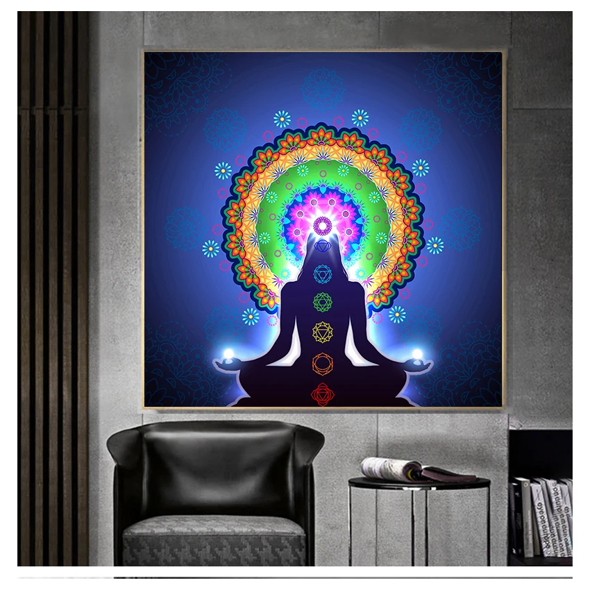 Buddha Statue Meditation 7 Chakra Mandala Psychedelic Yoga Boho Wall Art Paintings Décor Canvas Art Posters Prints Indian