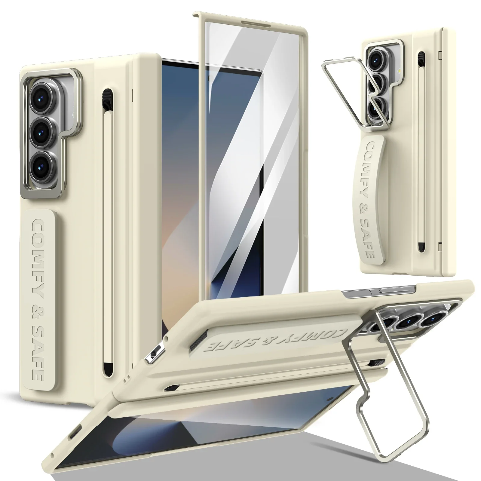 Für Samsung Galaxy Z Fold 8 Ultra Fold 8 7 6 5 4 Hülle mit mattem PC-Kameraringhalter, Scharniergriff, Stiftschlitz und Panzerglasschutz