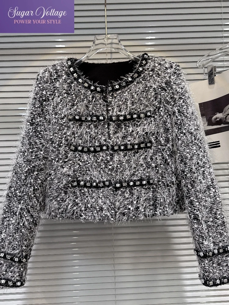 

Французский винтажный твидовый короткий пиджак, женский зимний элегантный вязаный шерстяной пиджак со стразами, шикарный черный, белый текстурированный топ