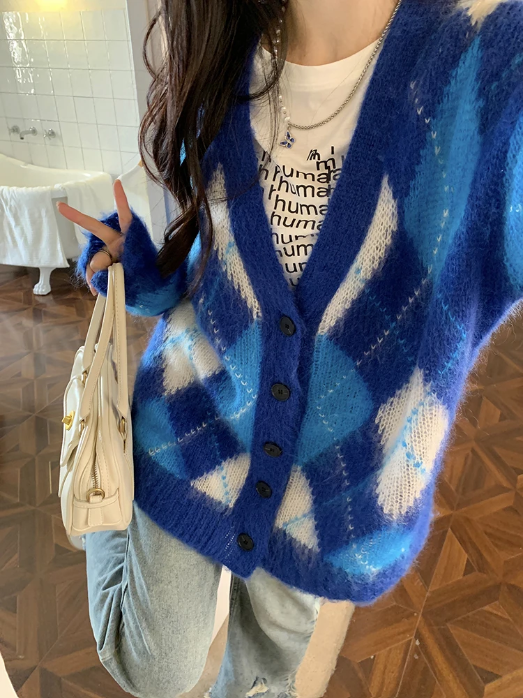 Retro Cardigans Women Chic Argyle Basic Loose College Streetwear Knitting Fashion Ins Popular Long Sleeved Clothing Unisex