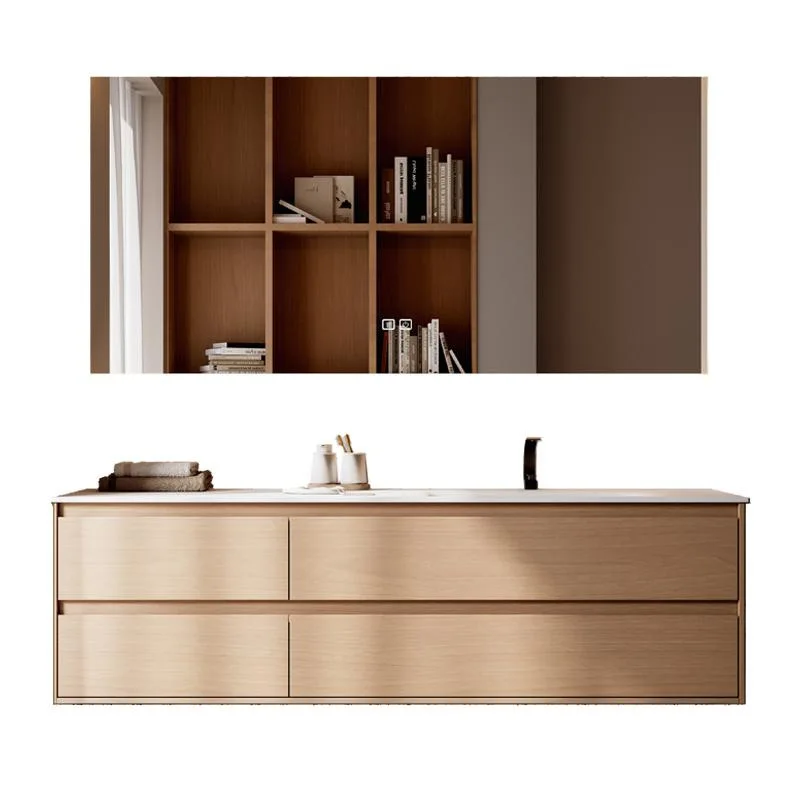 

Log color bathroom cabinet combination Japanese-style villa bathroom rock slab hot bending integrated basin washstand