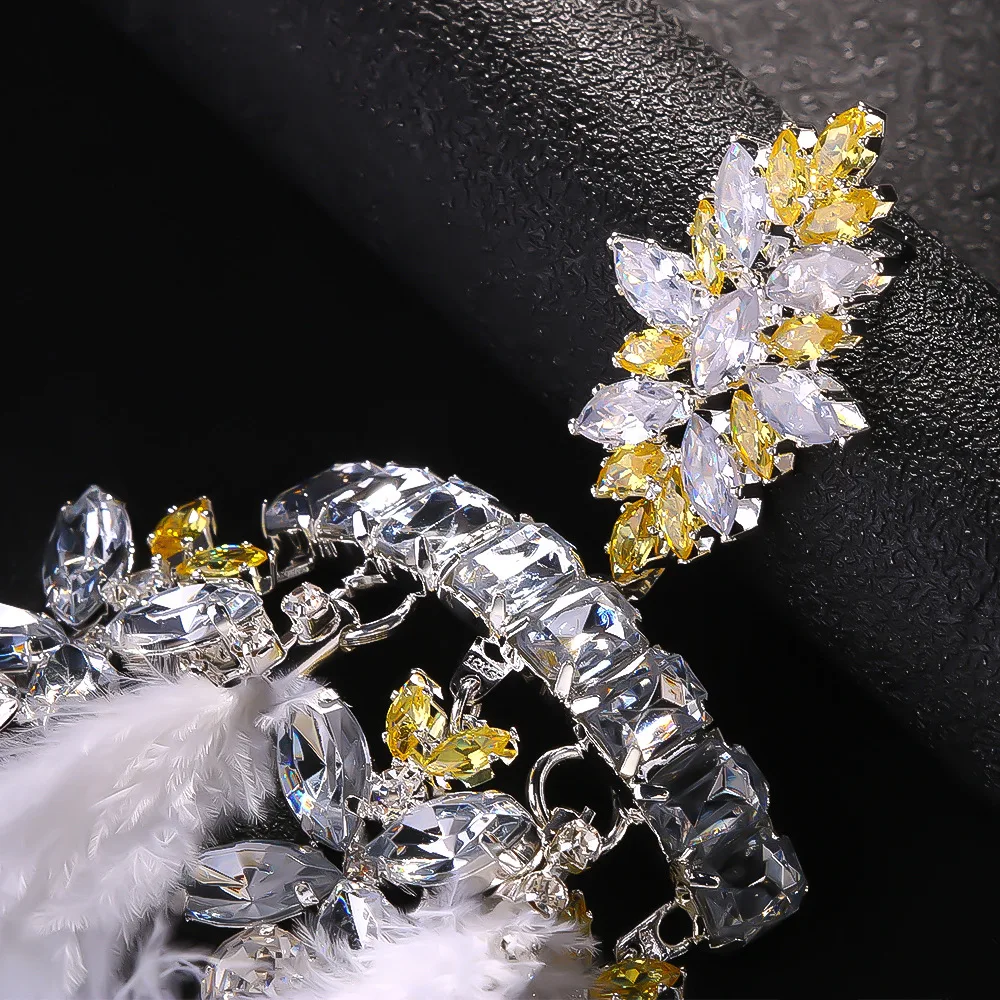 Fashion White Feather Exaggerate Earrings Tassel Wedding for Women Boho Jewelry Sparkly Large Rhinestone Earrings Free Shipping