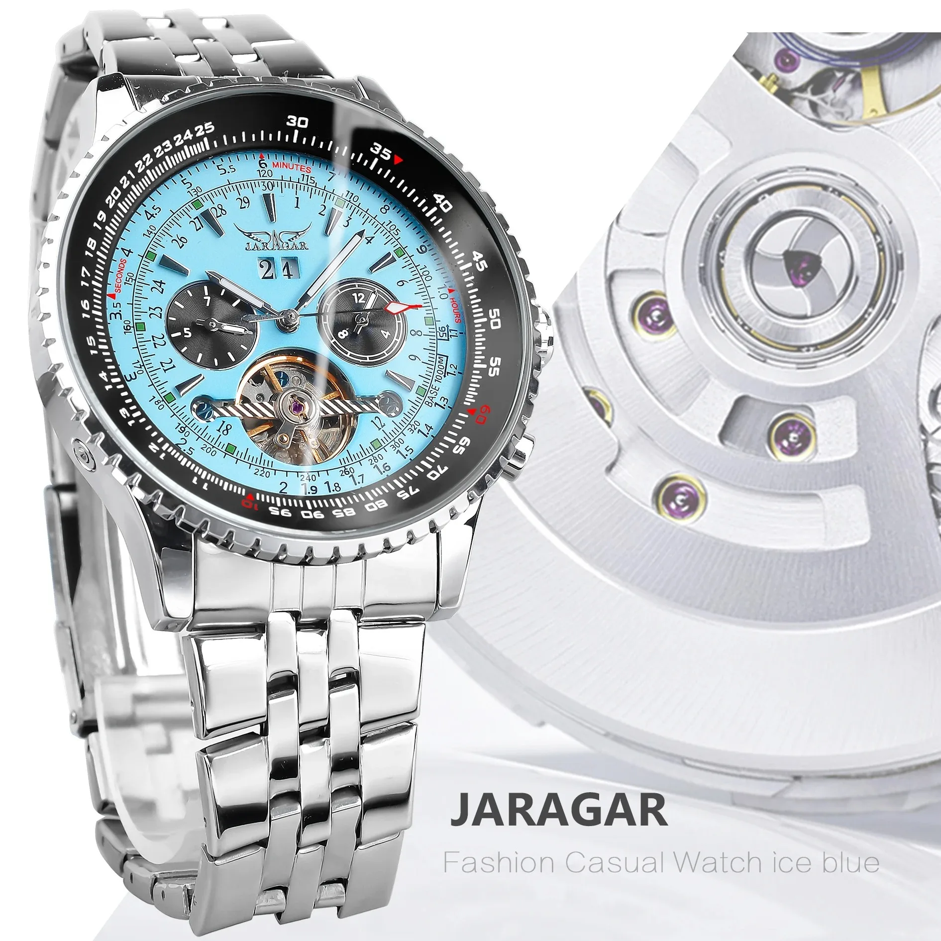 JARAGAR JAR034 Relógio Mecânico Automático Masculino Moda Tourbillon TFN Mostrador Azul Data Exibição Relógio Esportivo Militar de Aço Inoxidável
