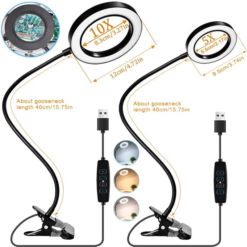 

5/10X Magnifying Glass with 28/56LED Magnifier Lamp 3 Color Mode 10 Brightness Dimmer 360° Flexible Gooseneck Lights(No Adapter)