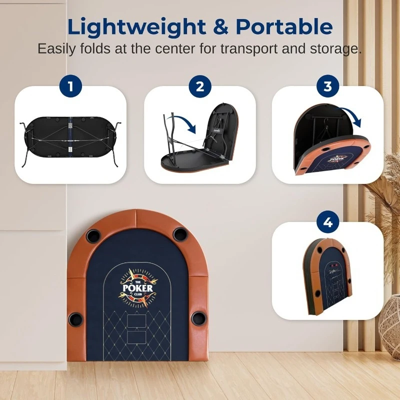 6ft Foldable Poker Game Table, 8 Player Casino Style Oval Card Table with Cushioned Rails, 8 Cup Holders, Metal Legs,