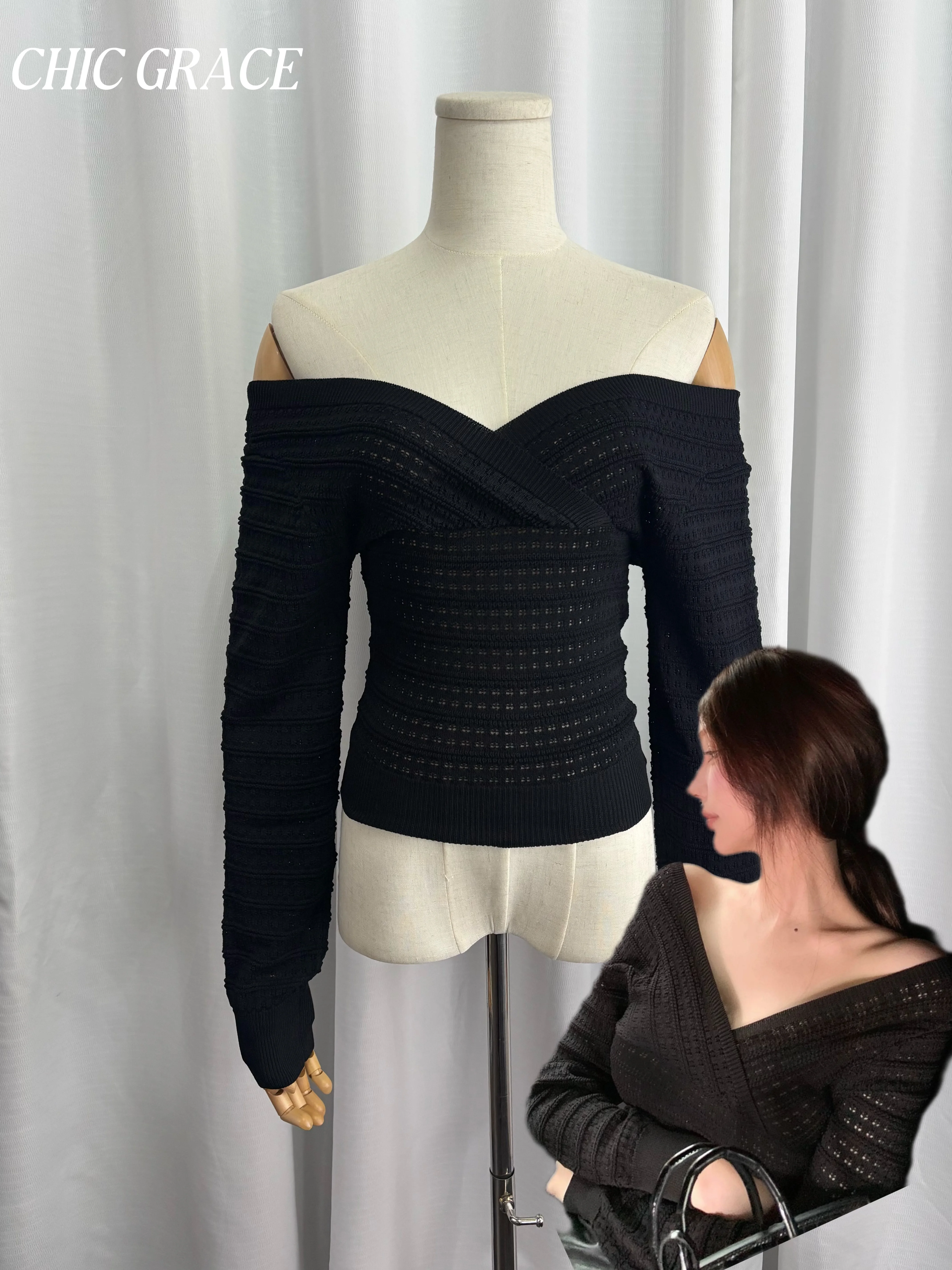 Real Shot Sexy & Innocent Hollow Strickoberteil für Damen, schulterfreies U-Boot-Ausschnitt 2-Wege-Wear Cold – Schulter-Basic-Shirt, Elega