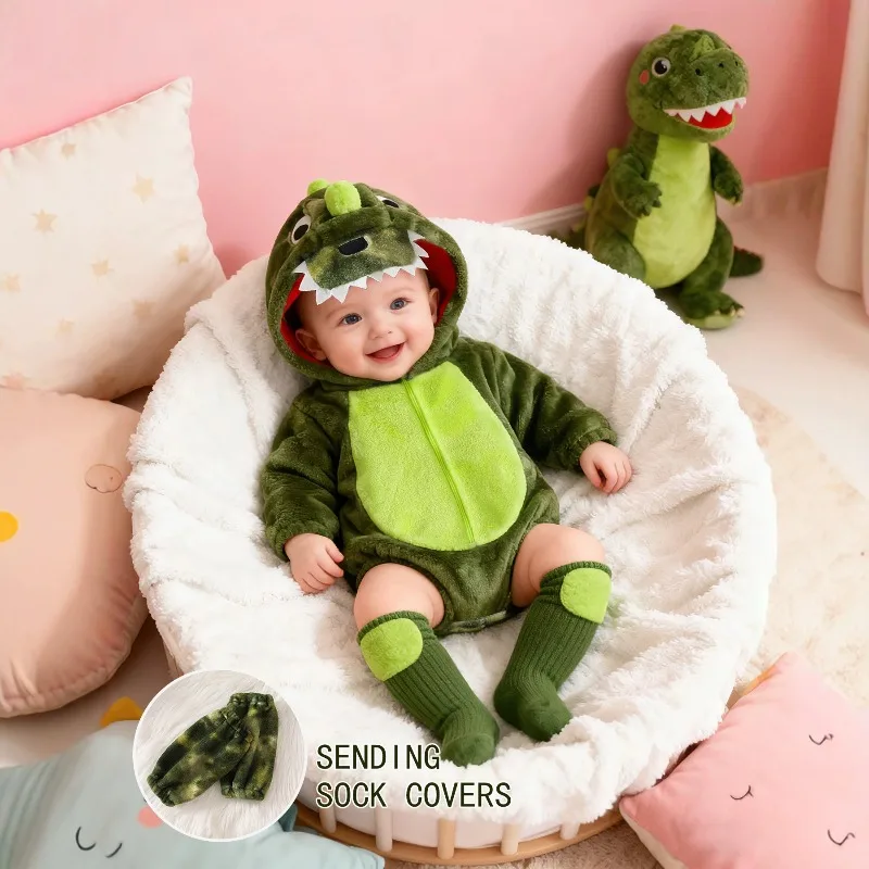 Newborn Baby Green Dinosaur Romper Hooded Bodysuit Cartoon Animal Costume Onesie Toddler Warm Plush Winter Jumpsuit Playsuit
