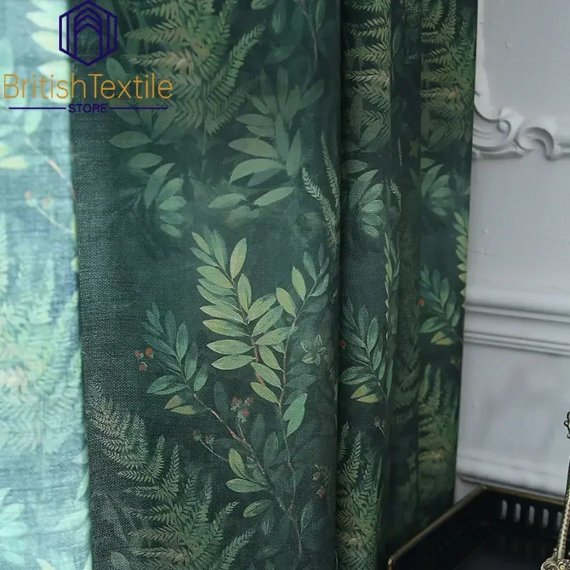 Modern Dark Green Forest American Pastoral Linen Curtains for Living Room Bedroom Dining Luxury Blackout Window Drapes Custom