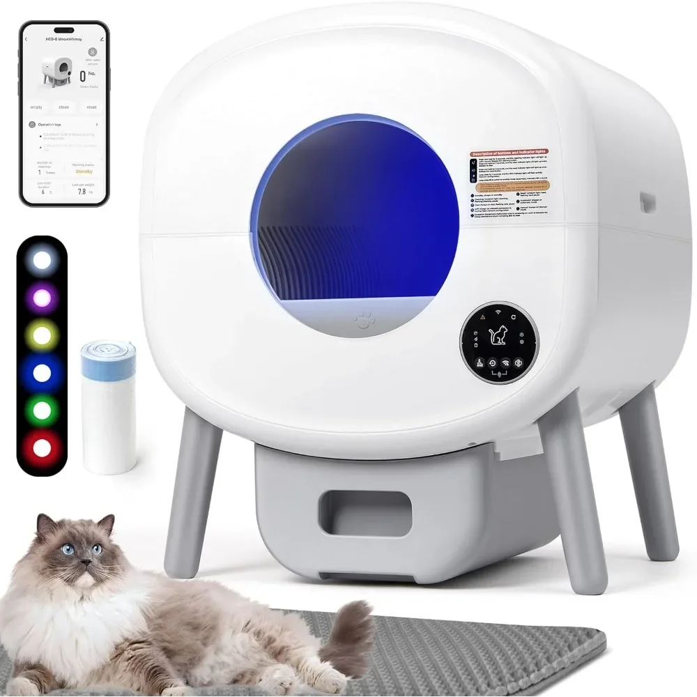 

Self Cleaning Cats Litter Box with Mat, Odor-Free Waste Disposal and App Control Ambient Light, White Automatic Cat Litter Box