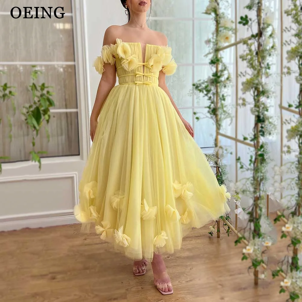 

OEING Yellow Pastrol Prom Gown A-line Appliques Evening Dresses Fairy Off The Shoulder Tulle Birthday Party Dresses Vestidos De