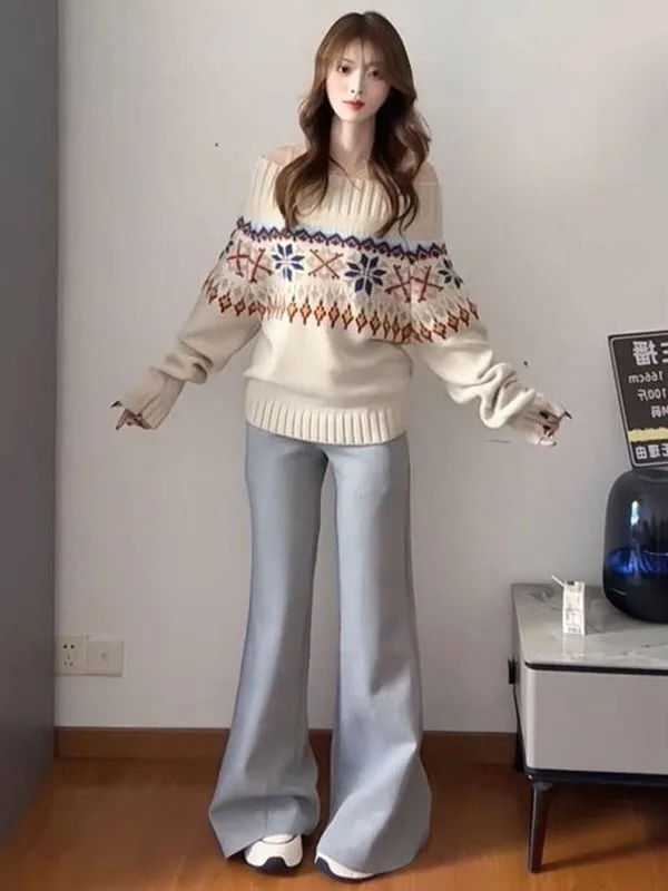 

Женский свитер больших размеров с вышивкой в стиле Fair Isle, с открытыми плечами, с цветочной вышивкой, удобный для повседневной носки, стройнящий, осенний, незаменимый.