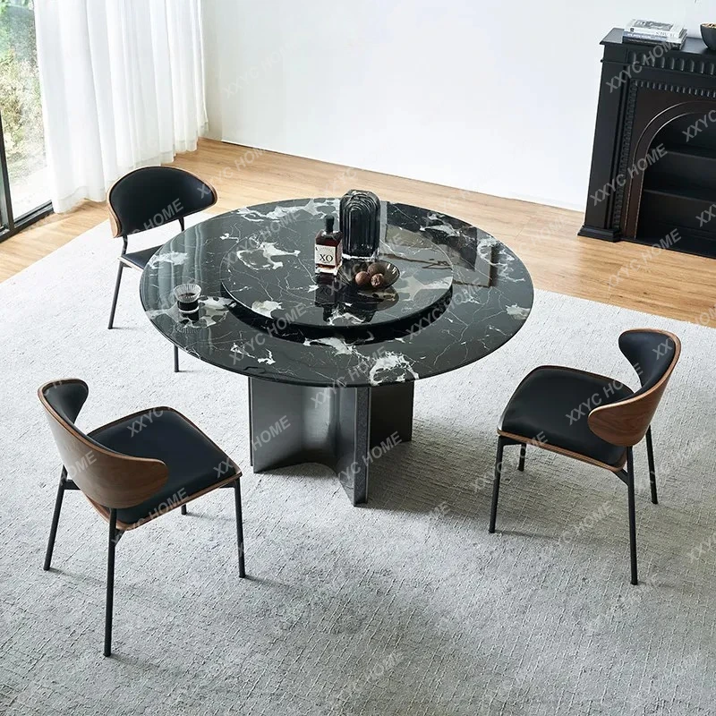 

Минималистичный обеденный стол LX из черного мрамора с поворотным механизмом, круглый, из высококачественной нержавеющей стали.