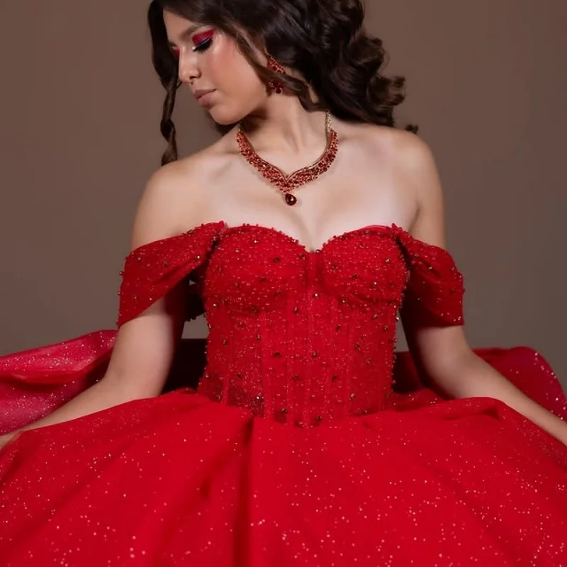 

Customized Shiny Red Quinceanera Dresses Off the Shoulder Sequin crystal layering Bow Long tail Vestido 15 Quinceanera