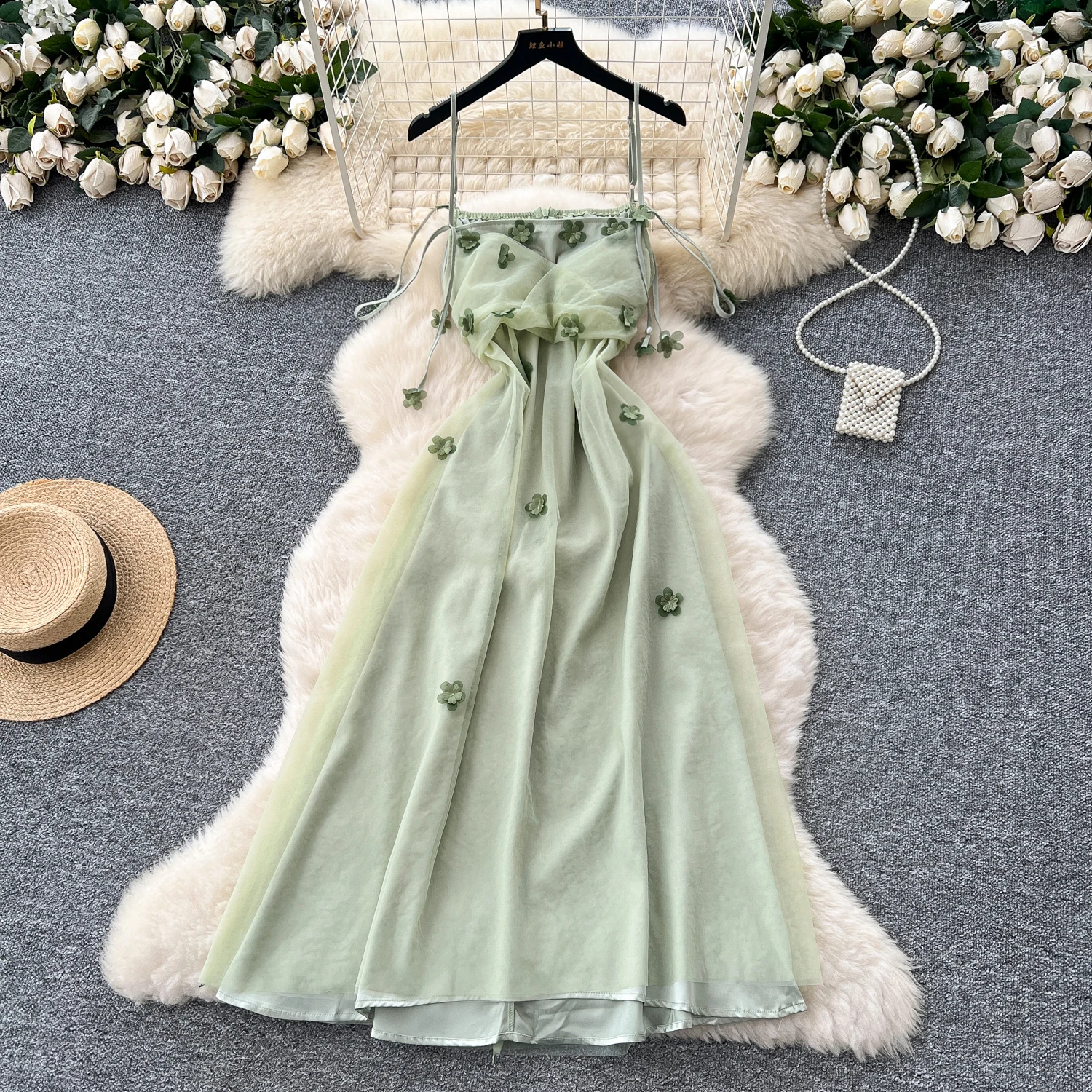 

Floral Three-dimensional mesh Pleated Elegant Sleeveless Dress A-line High Waist Beach Vacation Dress Summer Vintage Vestidos