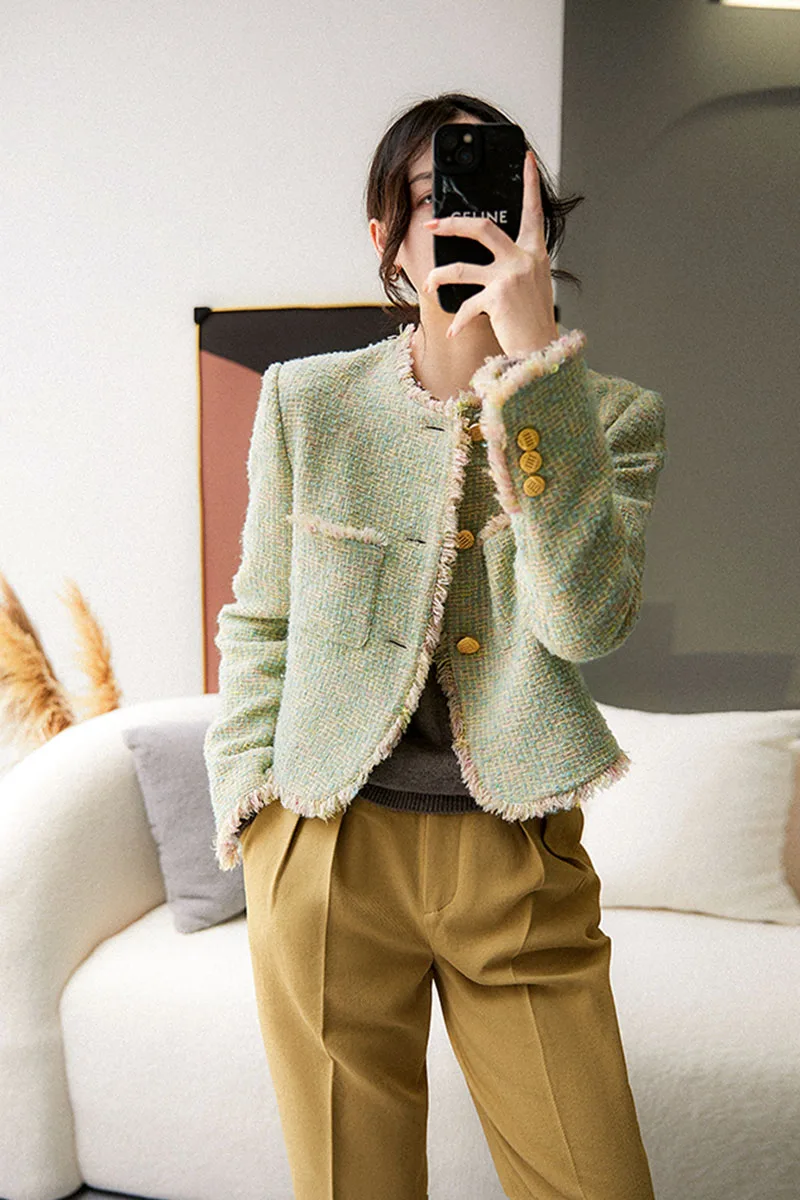 Ele een ort Płaszcz Damski Tweedowy Top Wiosna 2025 Nowy Elegancki Guziki Okrągły Dekolt Długi Rękaw Prosty Krój