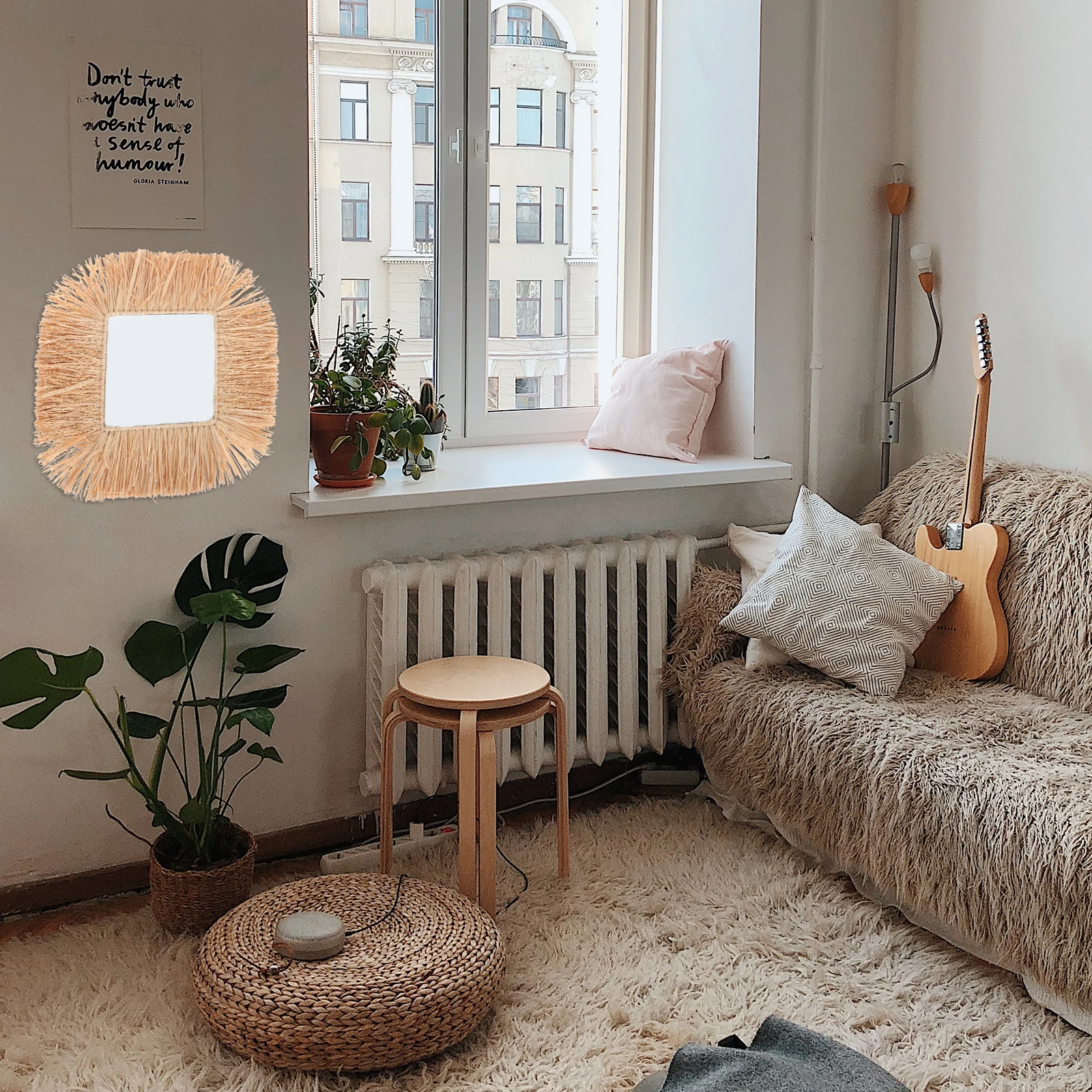 

1pc Retro Makeup Woven Wall Decorative Hanging For Living Room Bedroom Gift Straw Braid Dressing Mirror Nordic Style
