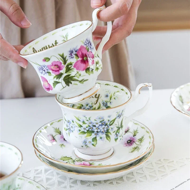 Royal Bone china Coffee Cup and Saucer set British Style Flower Month Tea Cup Household Afternoon Tea Cup for Gift Box